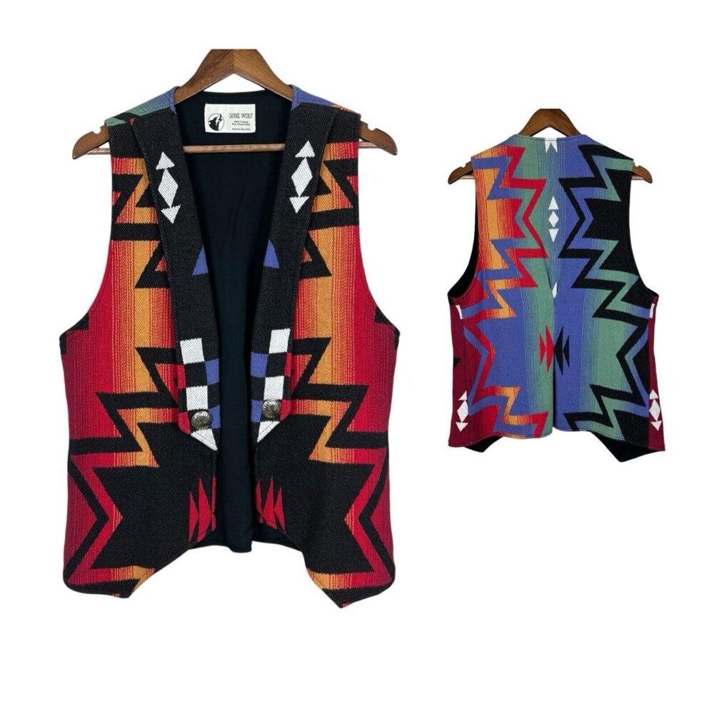 Southwestern Pattern Open-Front Vest with Multi-Color Geometric Design